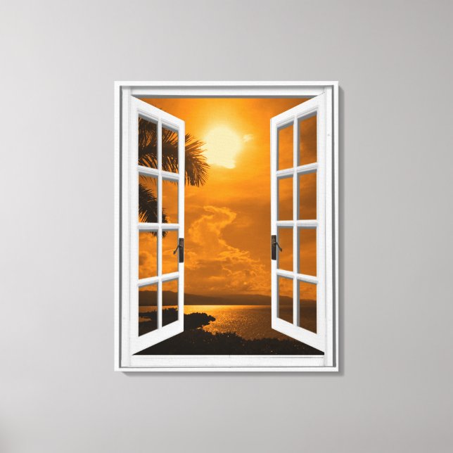 Künstliches Fenster "Tropical Sunset View" Leinwanddruck (Vorderseite)