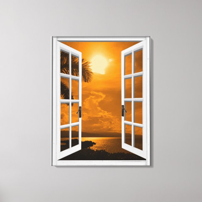 Künstliches Fenster "Tropical Sunset View" Leinwanddruck (Vorderseite)