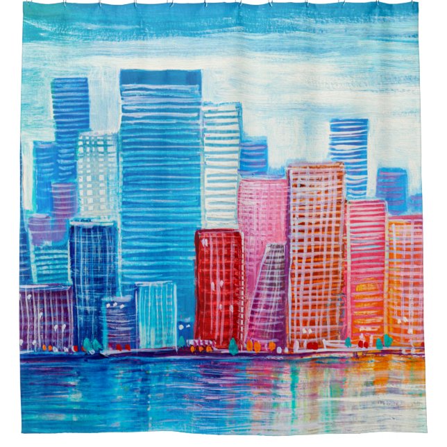 Kunstmalerei von Wolkenkratzern. Abstrakter Stil.  Duschvorhang (Vorderseite)