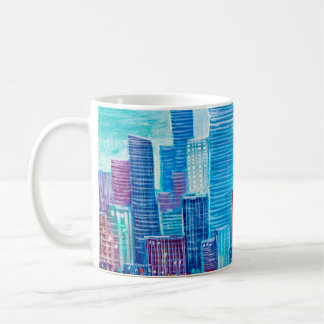 Kunstmalerei von Wolkenkratzern. Abstrakter Stil.  Kaffeetasse