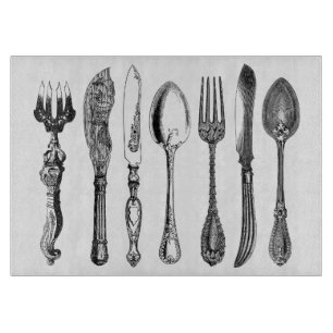 Kunstmesser und Gabel der Vintagen Küchenzeile Schneidebrett