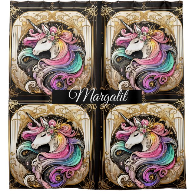 Kunstname Art Deco Regenbogen Glitter Einhorn Duschvorhang (Vorderseite)