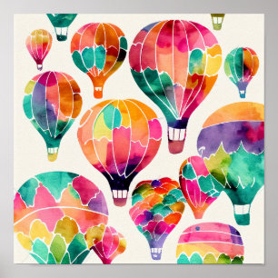 Kunstposter Heißluftballons in Wasserfarbe mit Wol Poster
