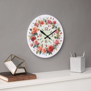 Kunstprint Aquarell Rosen Kranz Große Wanduhr