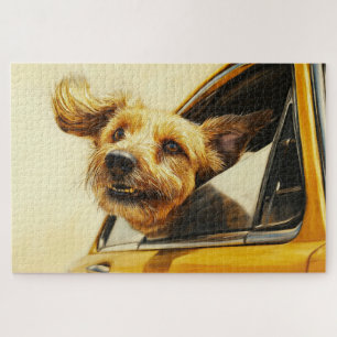 Kunstprint: Verspielter Hund genießt Autofahrt Puzzle