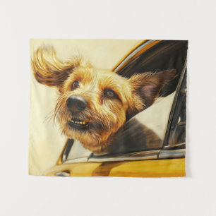 Kunstprint: Verspielter Hund genießt Autofahrt Wandteppich