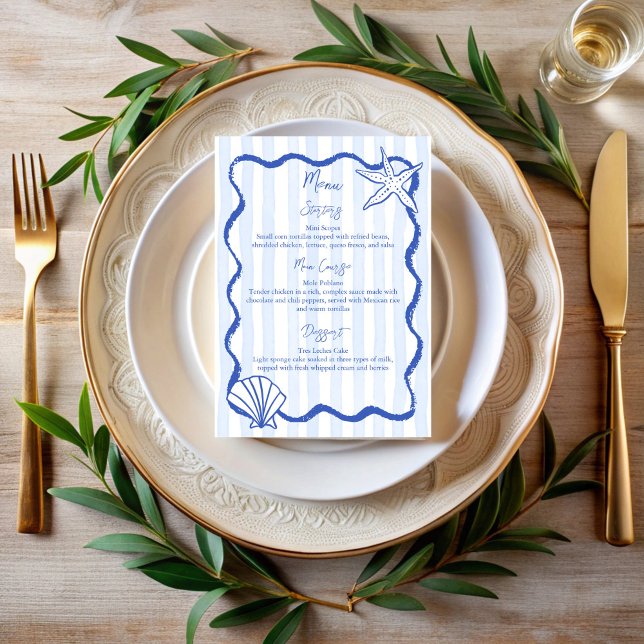 Kunstrasen-Skizze Muscheln Strand Hochzeitsmenü Menükarte (Handrawn sketch seashells blue wavy border beach wedding Menu cards personalized menu stationery)