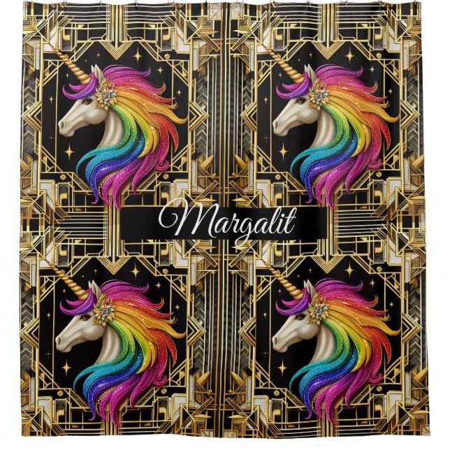 Kunstvoller Name Art Deco Regenbogen Glitter Einho Duschvorhang (Vorderseite)