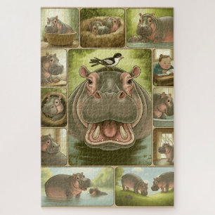 Kunstvoller Nilpferd & Vogel Kunstdruck – 13 Illus Puzzle