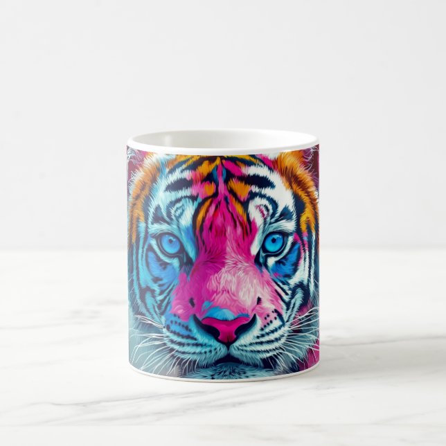 Kunstwerk eines Tigers mit lebendigem, neonfarbene Kaffeetasse (Mittel)