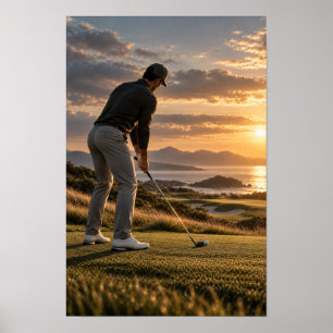 Kunstwerk Golfplatz bei Sonnenuntergang – Golfer b Poster