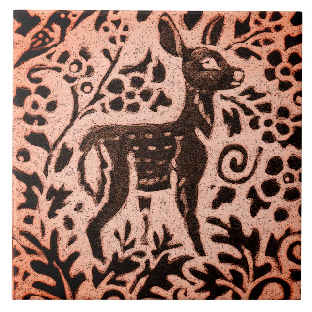 Kupfer Brown Woodland Fawn Deer Floral Fall Trivet Fliese (Vorderseite)