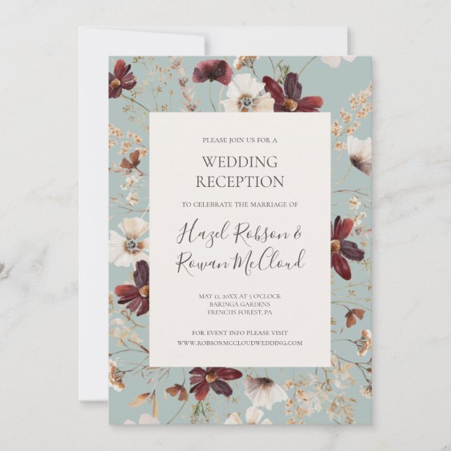 Kupfer Burgund Wildblume Aquamarin Hochzeit Empfan Einladung (Vorderseite)