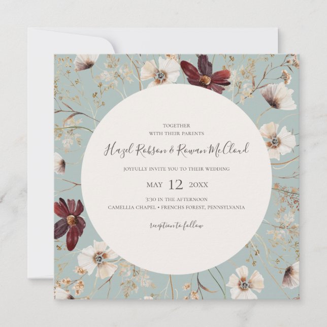 Kupfer-Burgund-Wildblume | Aquamarine Square Weddi Einladung (Vorderseite)