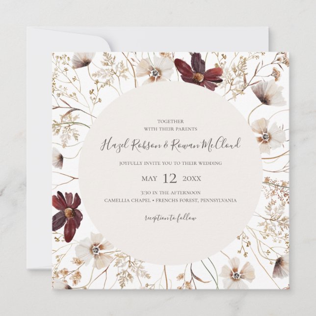 Kupfer-Burgund-Wildblume | Square Wedding Einladung (Vorderseite)
