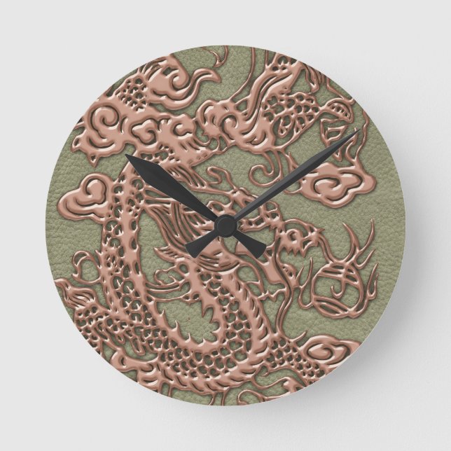 Kupfer Dragon auf Khaki Leather Textur Runde Wanduhr (Vorderseite)