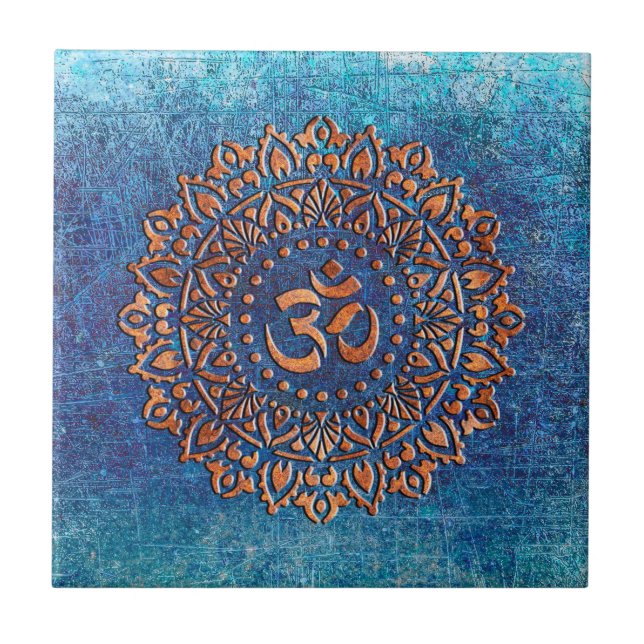Kupfer Farbe Ohm Symbol Mandala auf blauem Hinterg Fliese (Vorderseite)