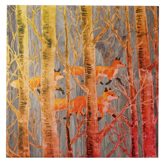 Kupfer Fox Woods auf grauem Stein Herbst Batik Loo Fliese (Vorderseite)