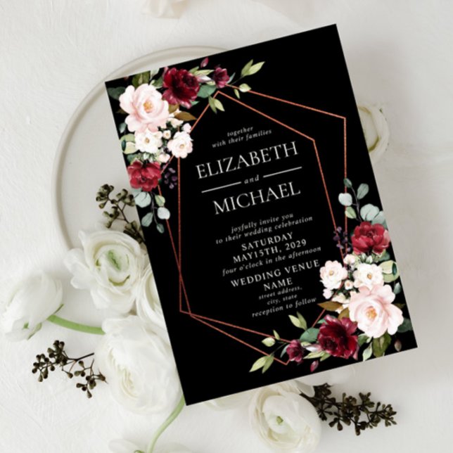 Kupfer Geometric Burgundy Black Floral Wedding Einladung (Von Creator hochgeladen)