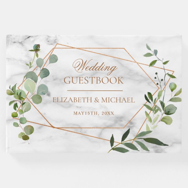 Kupfer Geometric Eucalyptus Marble Elegante Hochze Gästebuch (Vorderseite)