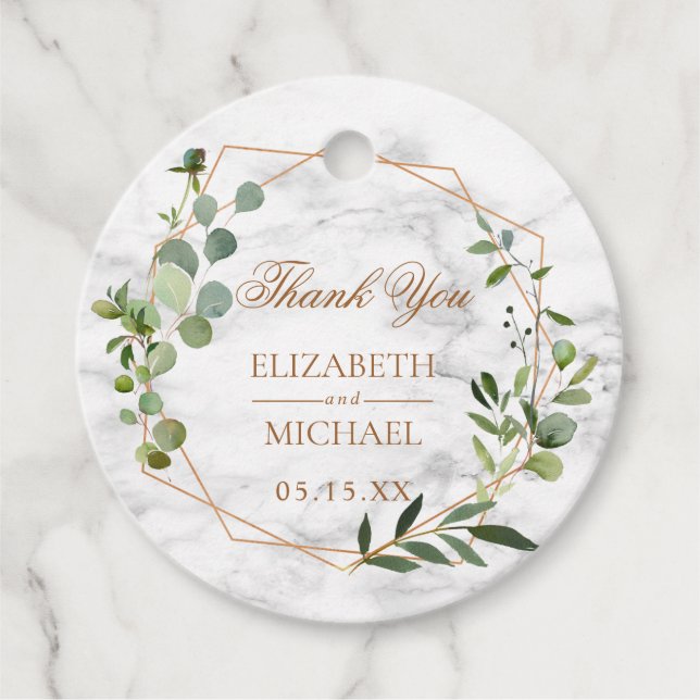 Kupfer Geometric Eucalyptus Marble Elegante Hochze Geschenkanhänger (Vorderseite)