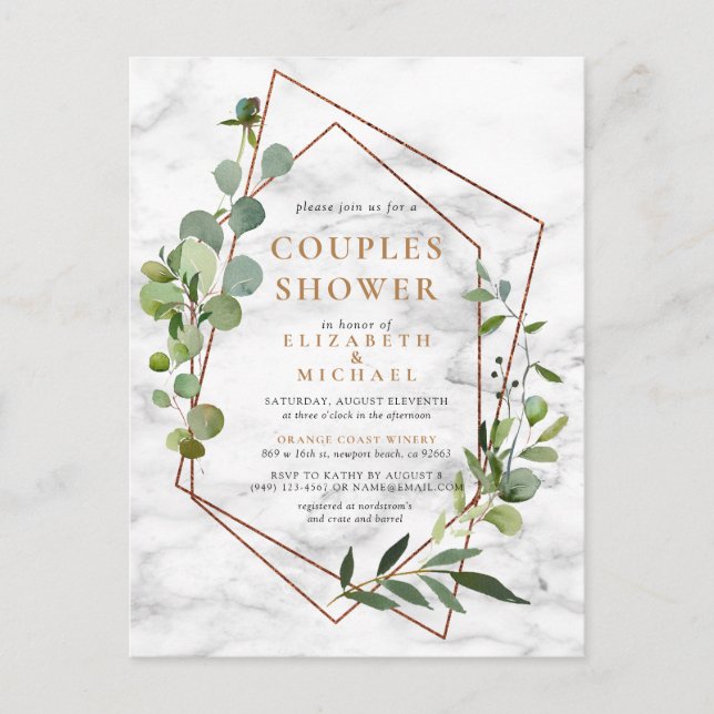 Kupfer Geometric Eukalyptus Marble Couples Dusche Ankündigungspostkarte (Vorderseite)