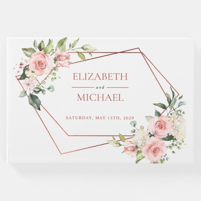 Kupfer Geometrie Peach Pink Floral Gästebuch (Vorderseite)