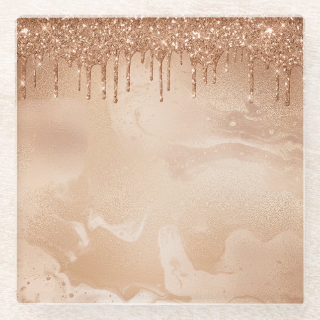 Kupfer-Glitzer Regen auf weißem Kupfermetall Glasuntersetzer (Vorderseite)