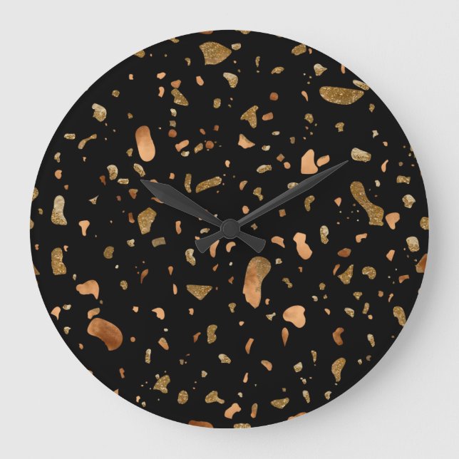 Kupfer Gold auf schwarzen Terrazzo Stone Große Wanduhr (Vorderseite)