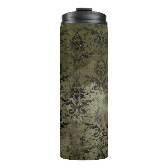 Kupfer Gold und schwarze Floral Damask Thermosbecher (Vorderseite)