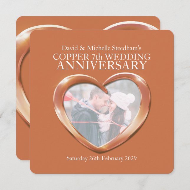 Kupfer Hochzeit Herz 7 Jahre Party einladen Einladung (Vorne/Hinten)
