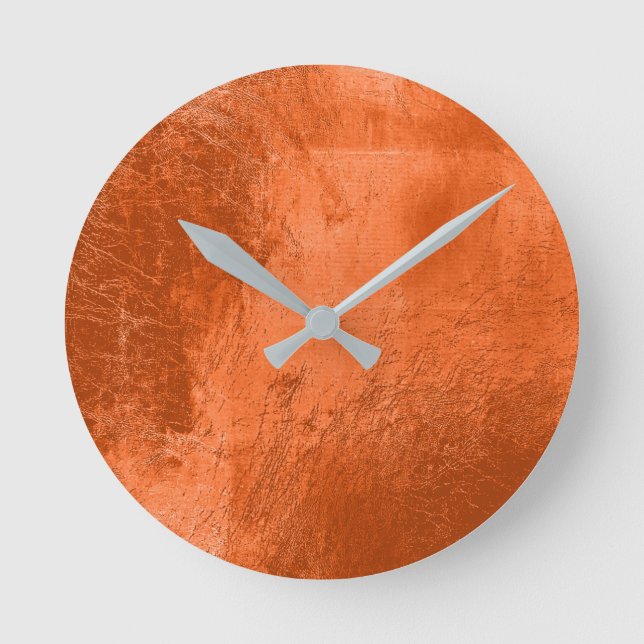 Kupfer Korallenleder Metallglas Orange Minimal Runde Wanduhr (Vorderseite)