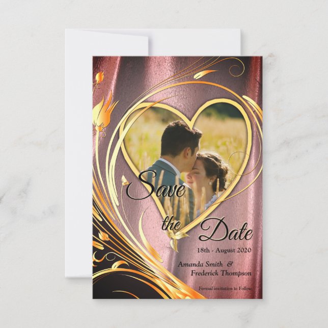 Kupfer/Messing-Satin und grafische Blume Save The Date (Vorderseite)