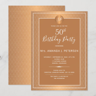 Kupfer Metallic Mit Monogramm 50 Geburtstagsparty Einladung