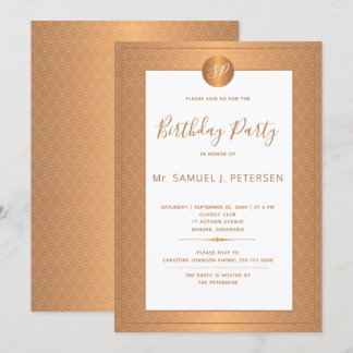 Kupfer Metallic White Monogram Birthday Party Einladung