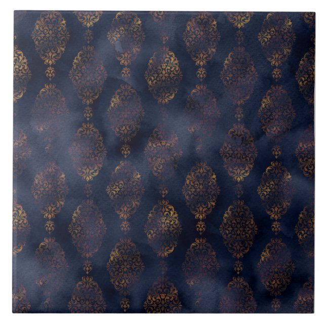 Kupfer Patina Damask Wasserfarbmuster Fliese (Vorderseite)