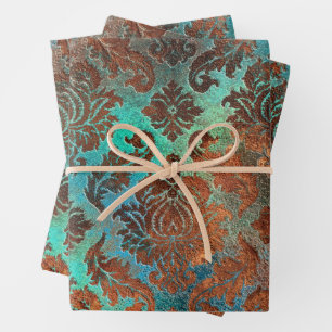 Kupfer Patina rostete Damask Geschenkpapier Set