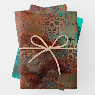 Kupfer Patina rostete Damask Geschenkpapier Set