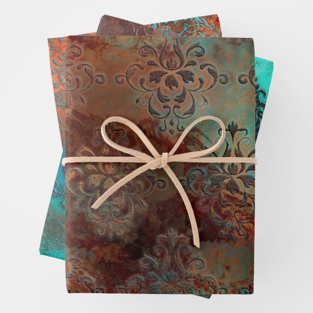 Kupfer Patina rostete Damask Geschenkpapier Set (Beispiel)