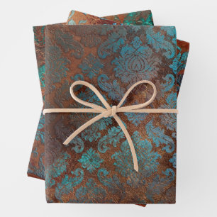 Kupfer Patina rostete Damask Geschenkpapier Set