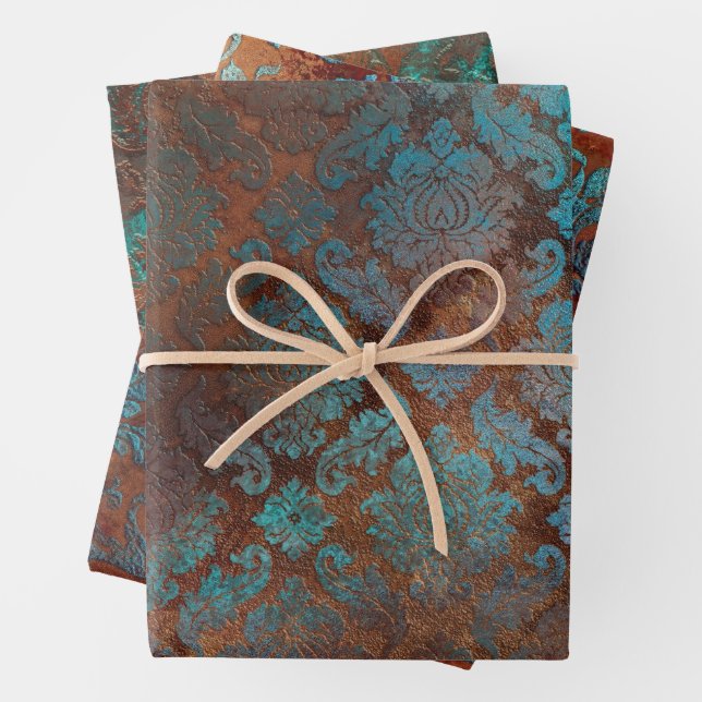 Kupfer Patina rostete Damask Geschenkpapier Set (Beispiel)