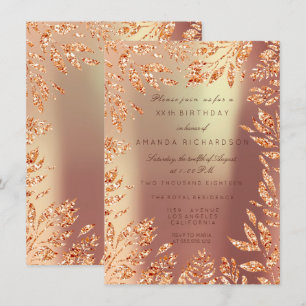 Kupfer-Roségold-Glitter-Blätter Floralien gerahmt Einladung