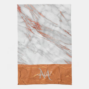 Kupfer-Roségold- und Grau-Marmor mit Monogramm-Kit Geschirrtuch