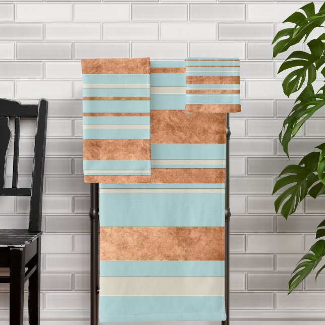 Kupfer Streifen Robins Egg Blue Badewanne Handtuch Badhandtuch Set (A stylish copper stripe bath towel set with robin egg blue and cream accents)