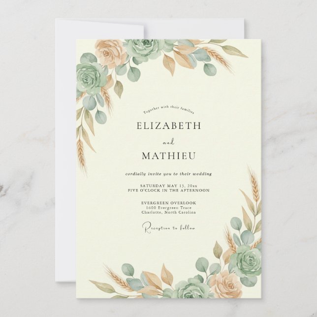 Kupfer-Teal-Blatt-Hochzeit Einladung (Vorderseite)