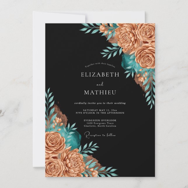 Kupfer-Teal-Blumen-Whimsy-Hochzeit Einladung (Vorderseite)