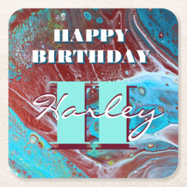 Kupfer und Aquamariner Akrylfluss Art Rechteckiger Pappuntersetzer