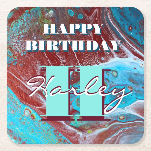 Kupfer und Aquamariner Akrylfluss Art Rechteckiger Pappuntersetzer (Vorderseite)