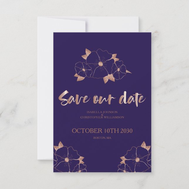 Kupfer und blauer Blumen modern Save the Date (Vorderseite)
