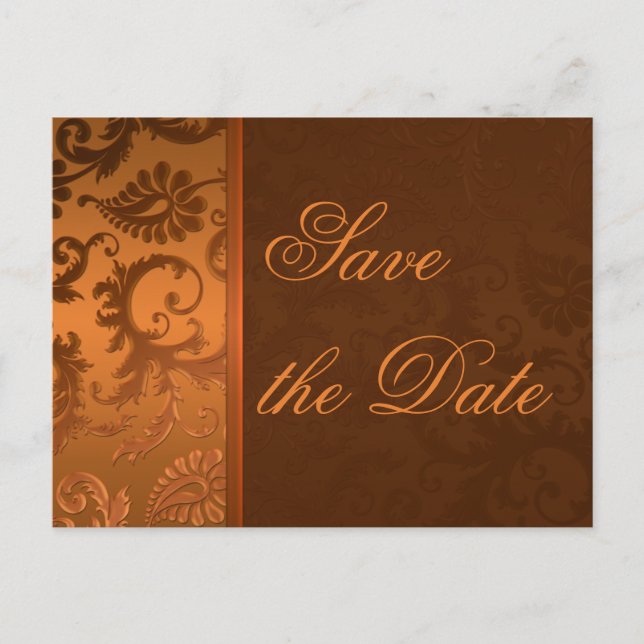 Kupfer und braune Damaske Save the Date Postkarte (Vorderseite)